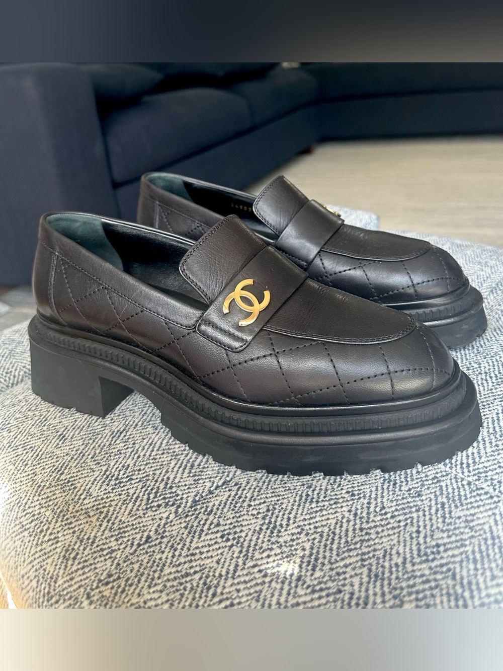 CHANEL Black Quilted Leather Platform Loafers